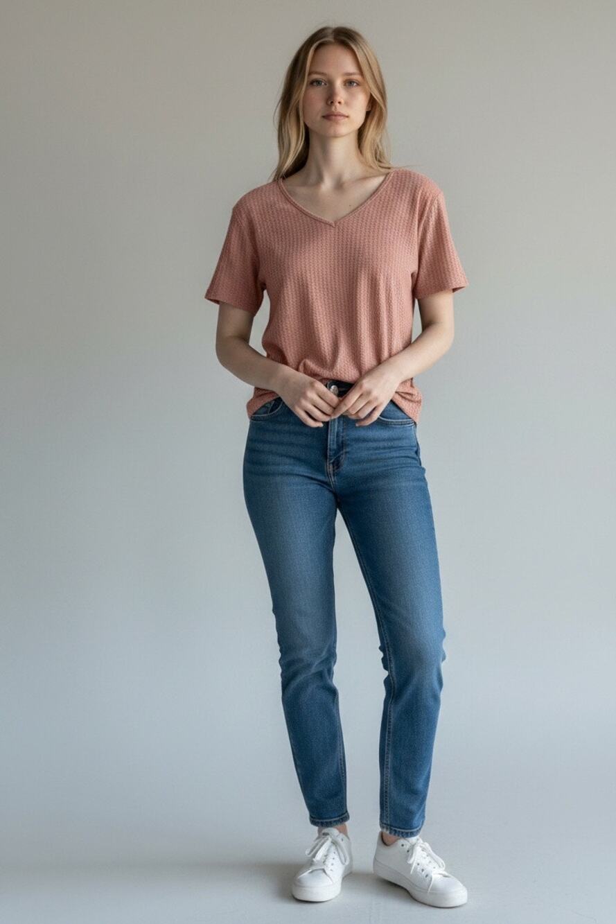 SHEIN Womens XS Pink Waffle Knit V Neck Short Sleeve Top Casual Blouse Size 2